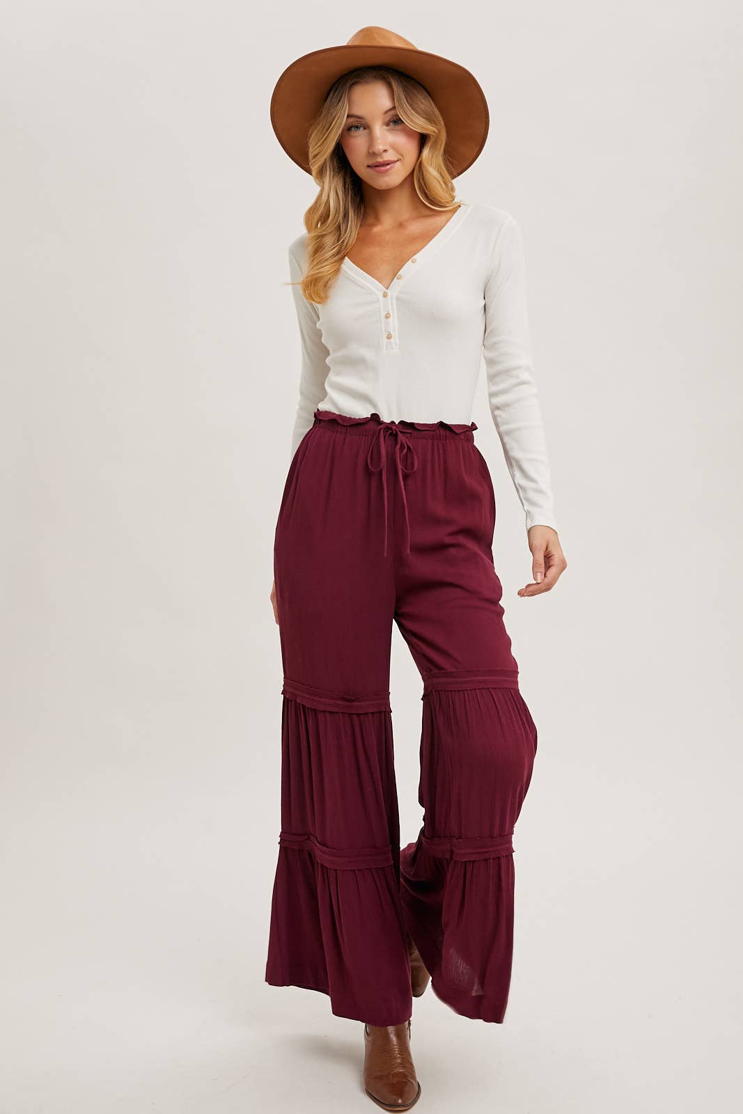 DRAWSTRING TIERED PALAZZO PANTS