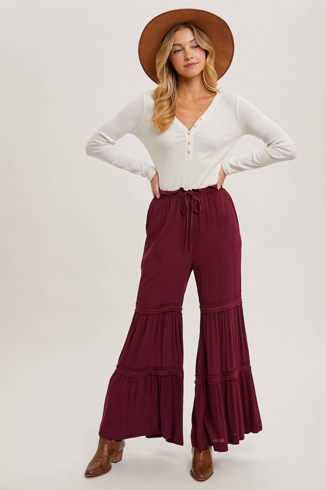 DRAWSTRING TIERED PALAZZO PANTS