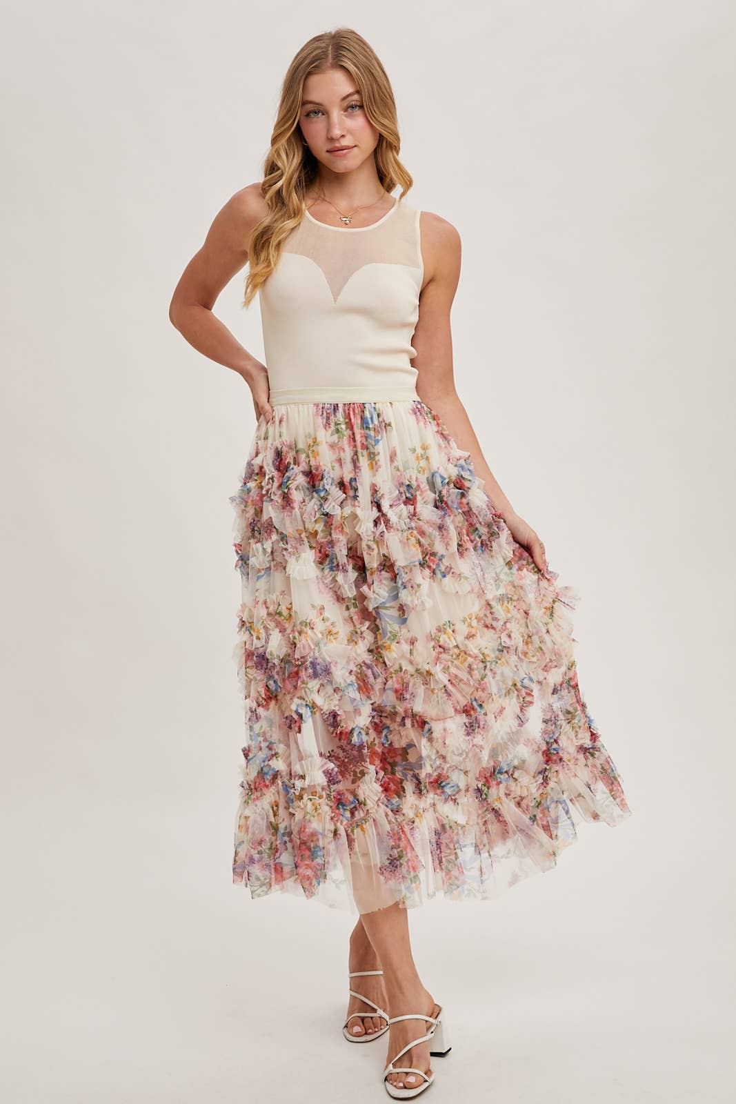 FLORAL MESH MIDI SKIRT