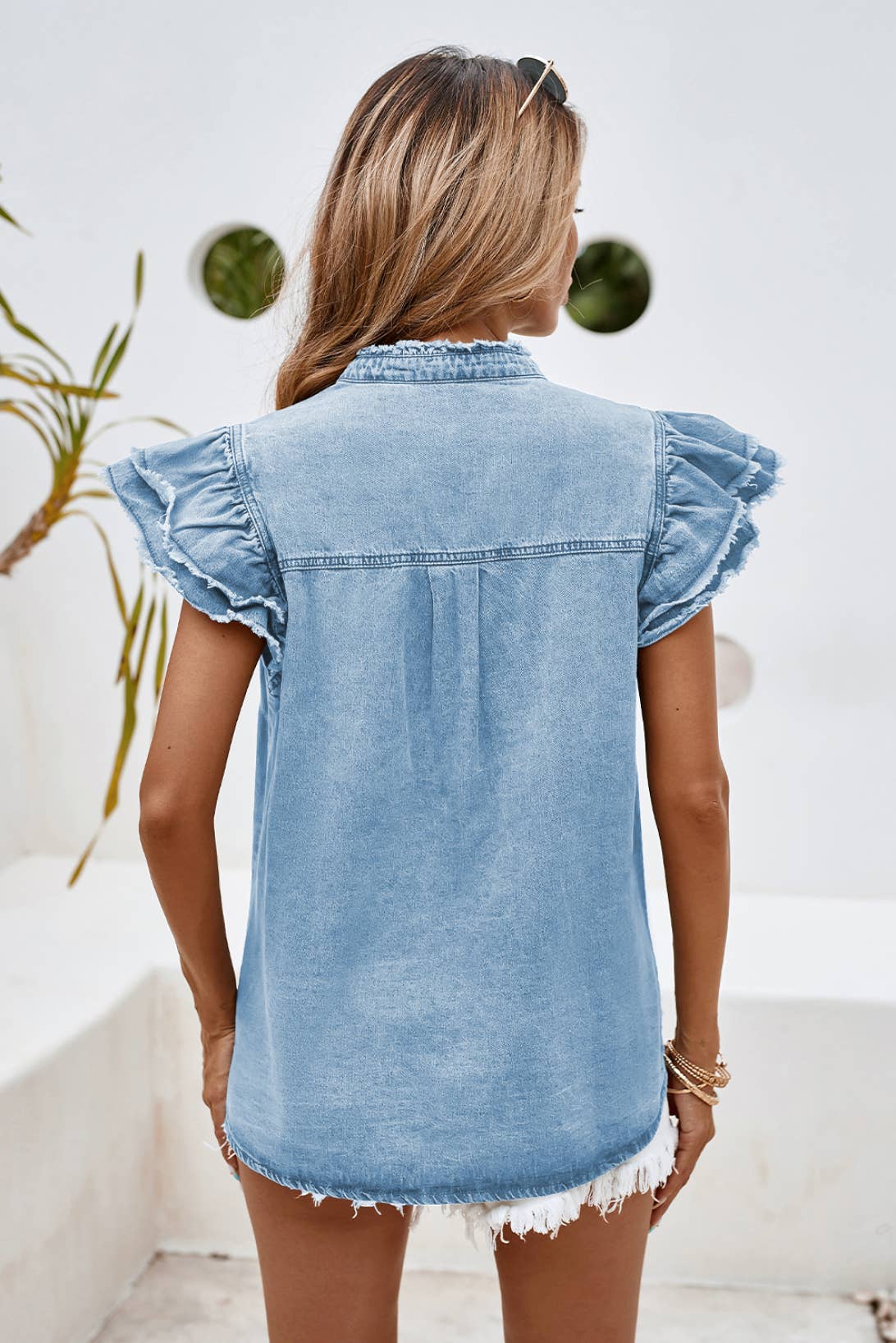 LDC Button Front Ruffle Flutter Fray Denim Blouse