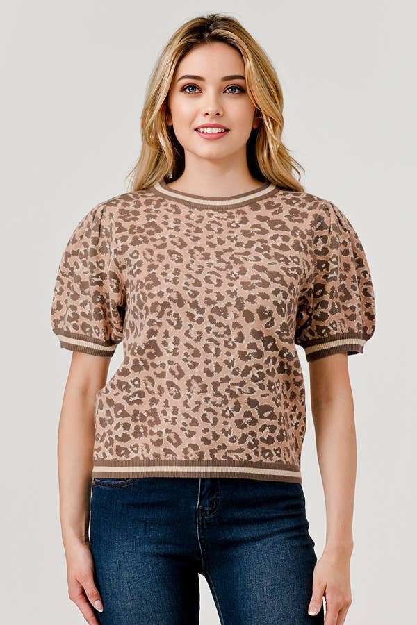 Leopard Puff Sleeve Sweater Top