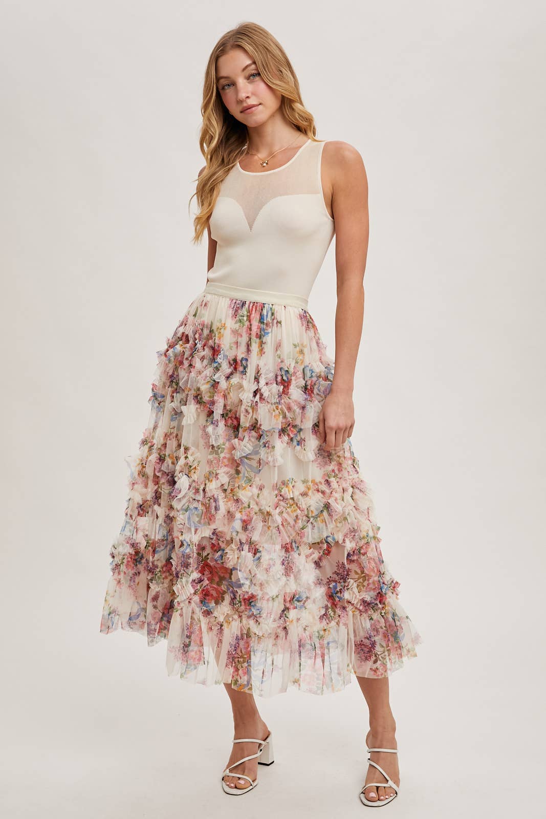 FLORAL MESH MIDI SKIRT