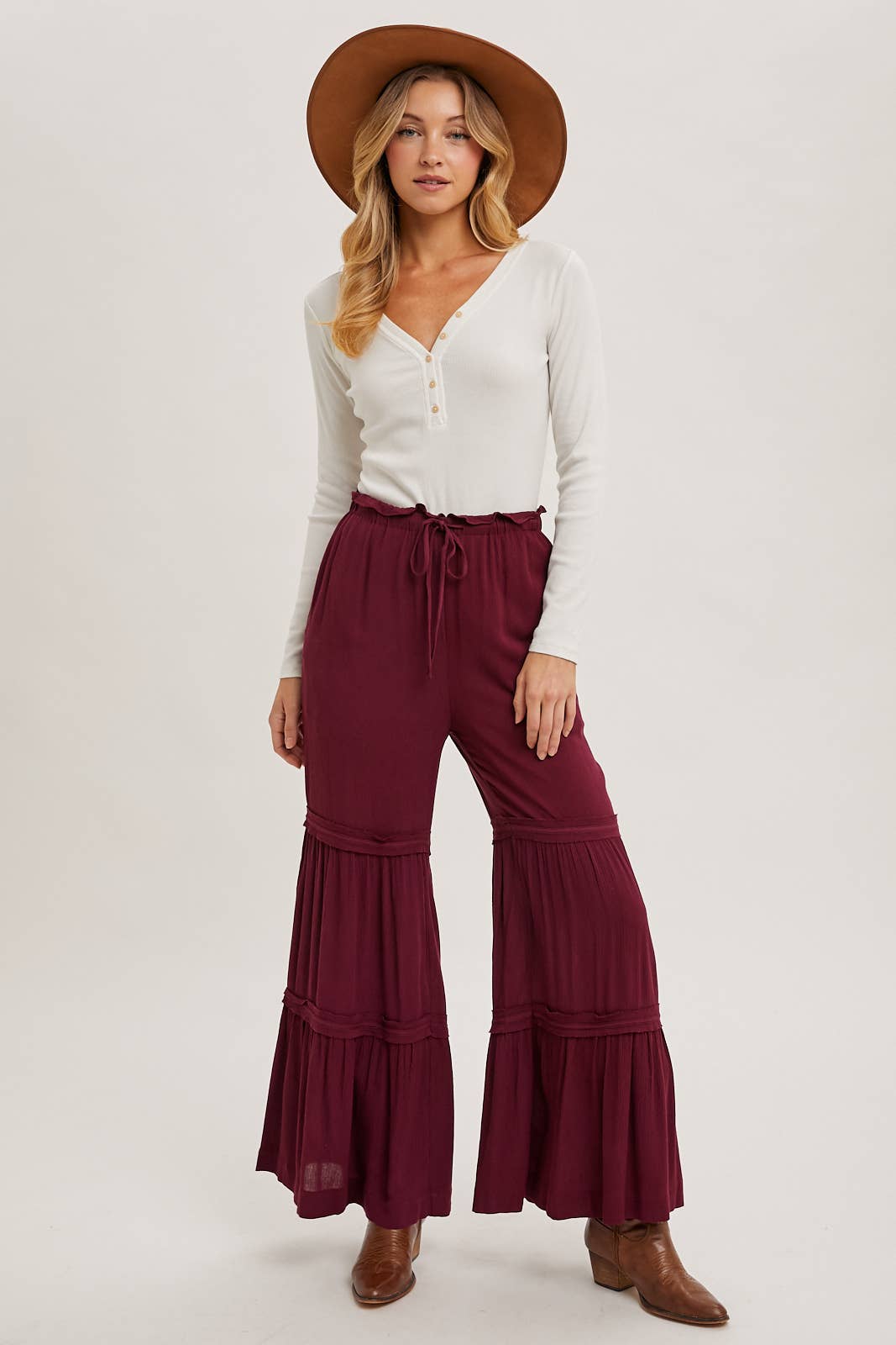 DRAWSTRING TIERED PALAZZO PANTS