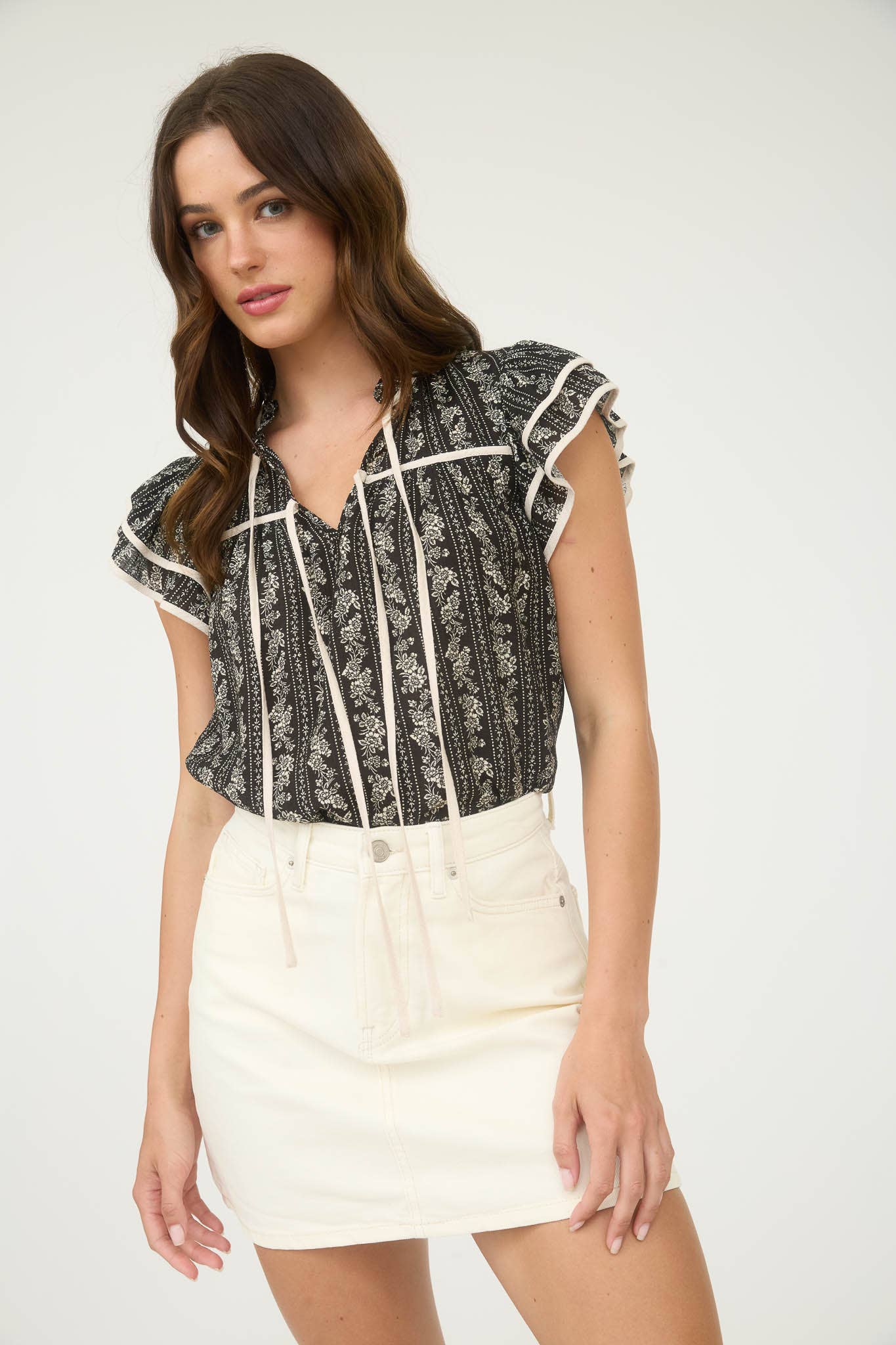 STRIPE FLORAL RUFFLE TOP
