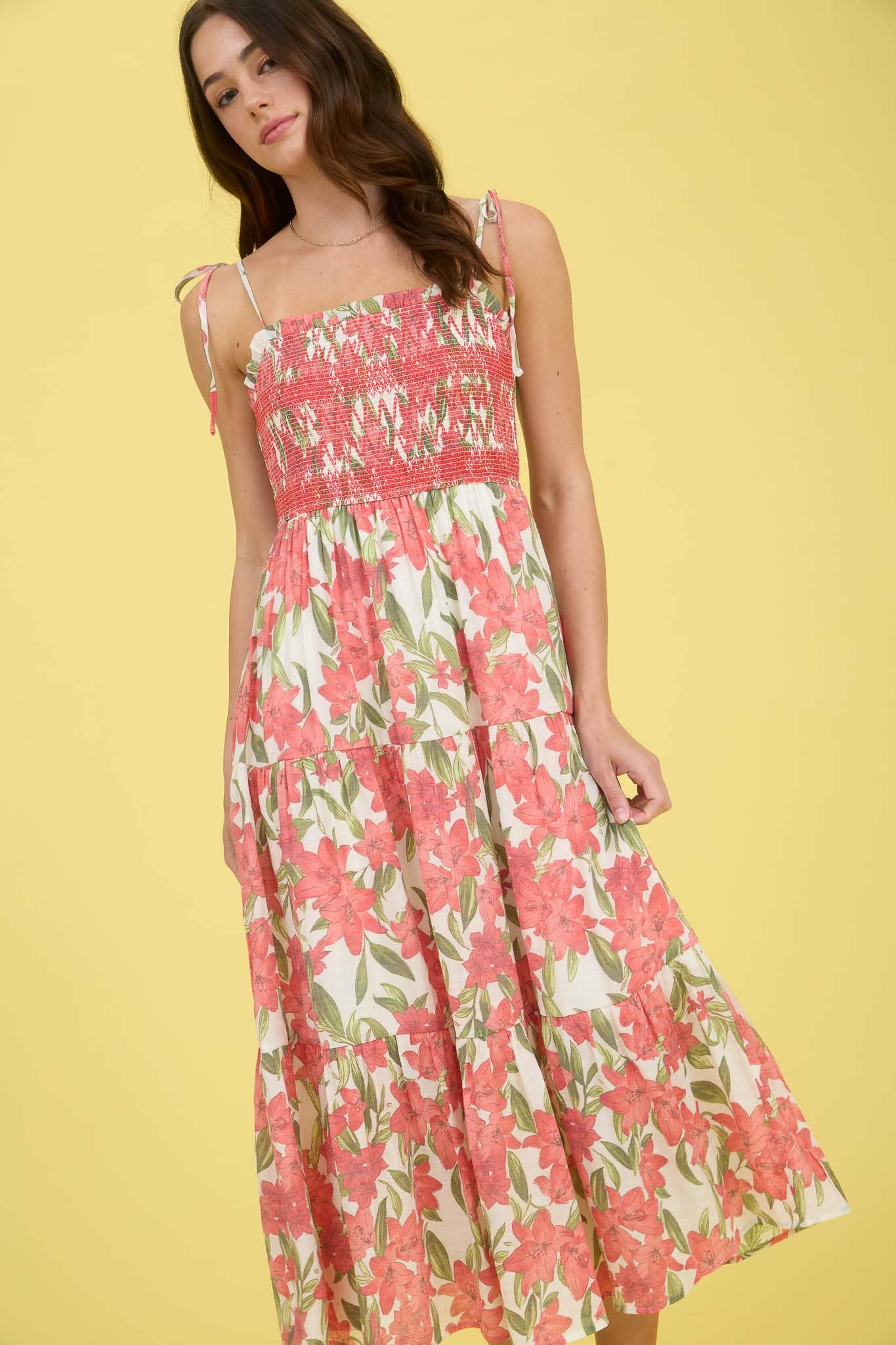 CORAL SMOCKED MIDI DRESS