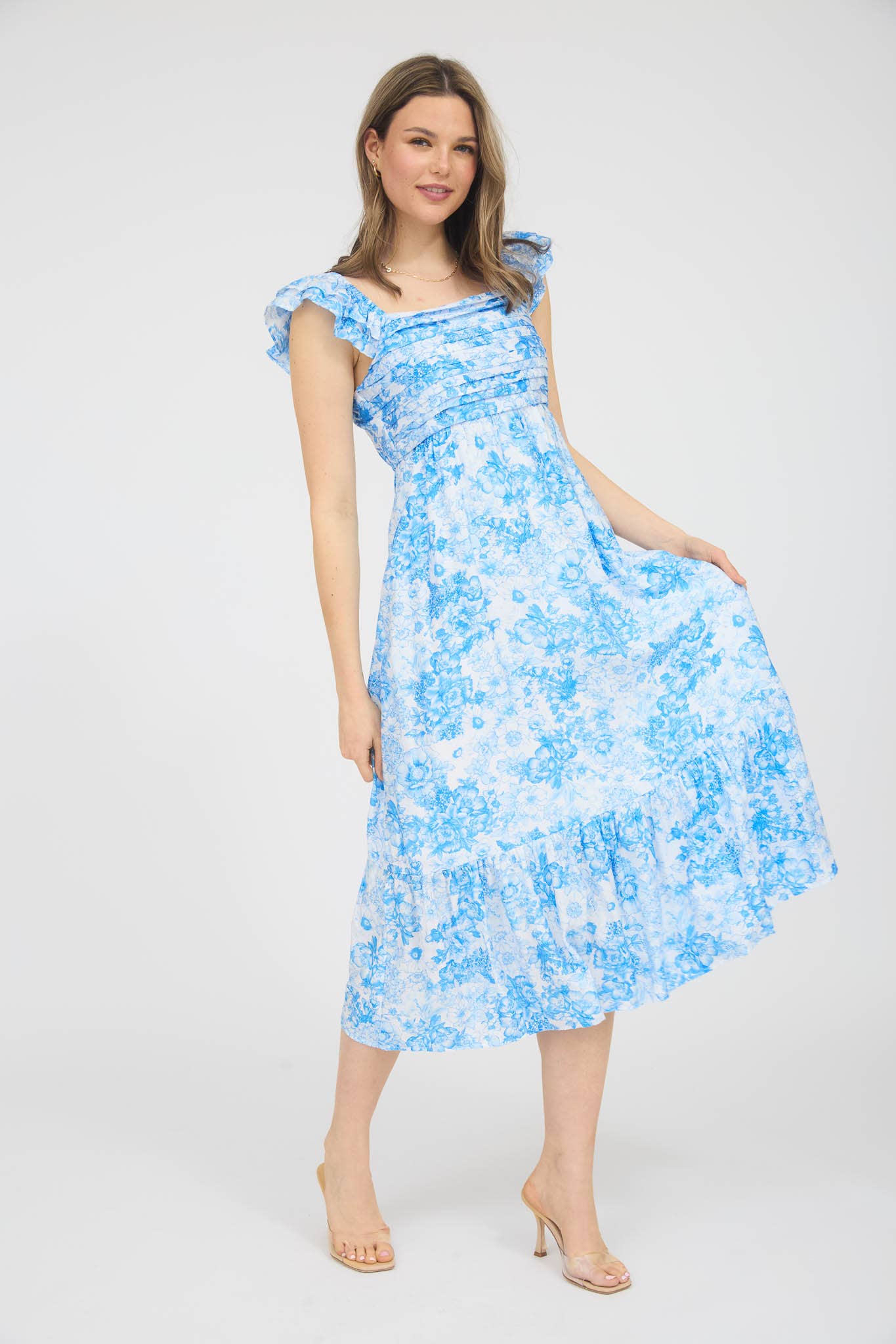 RUFFLE STRAP MIDI DRESS