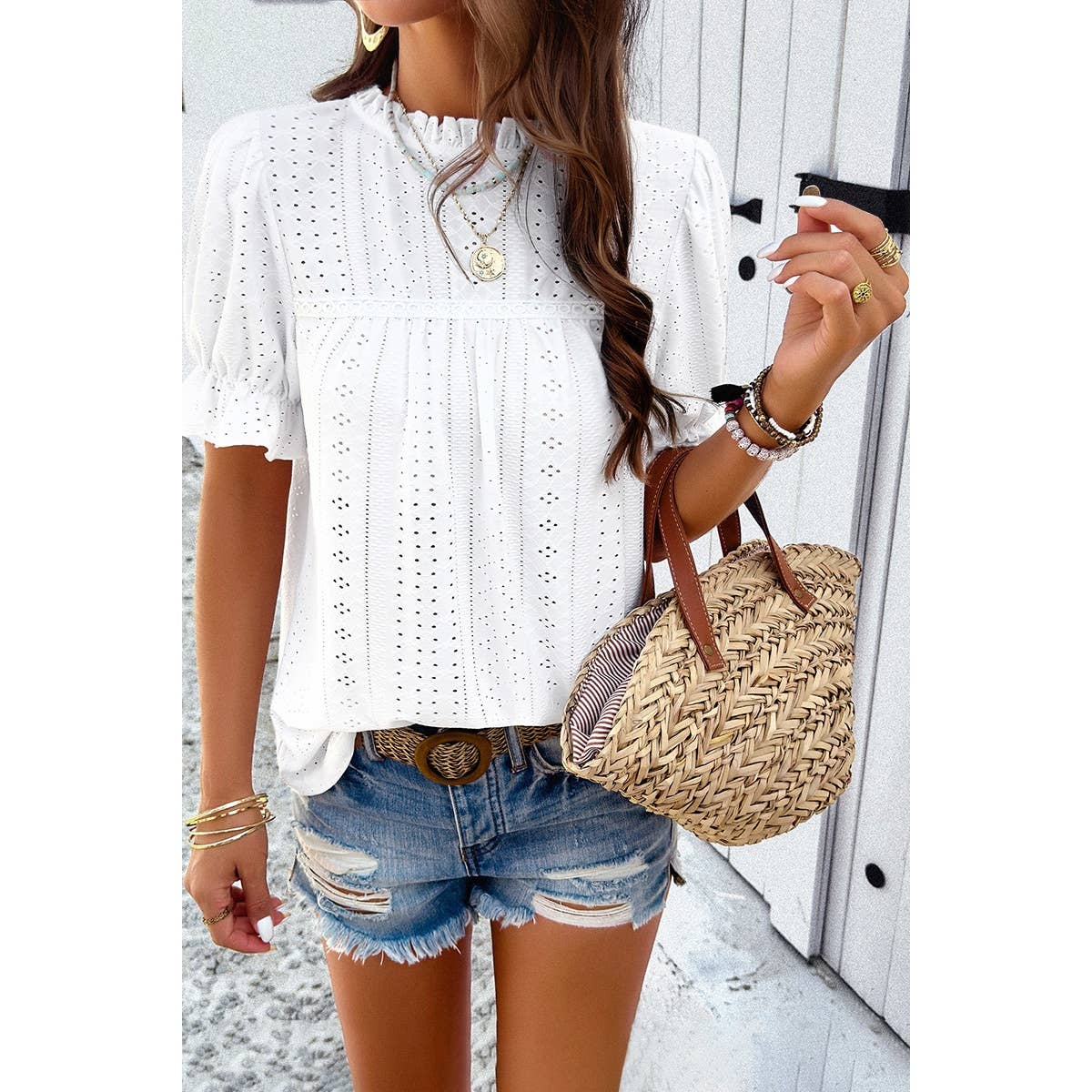 Lace Hollow Out Ruffle Loose Fit Blouse