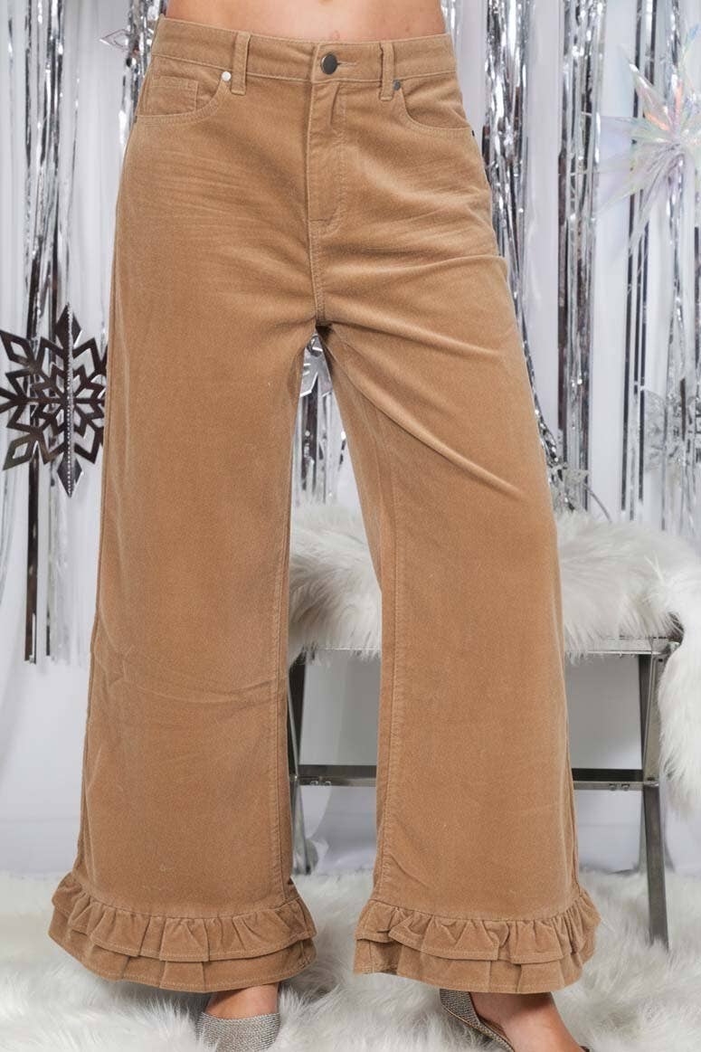 Corduroy Wide-Leg Ruffle Pants