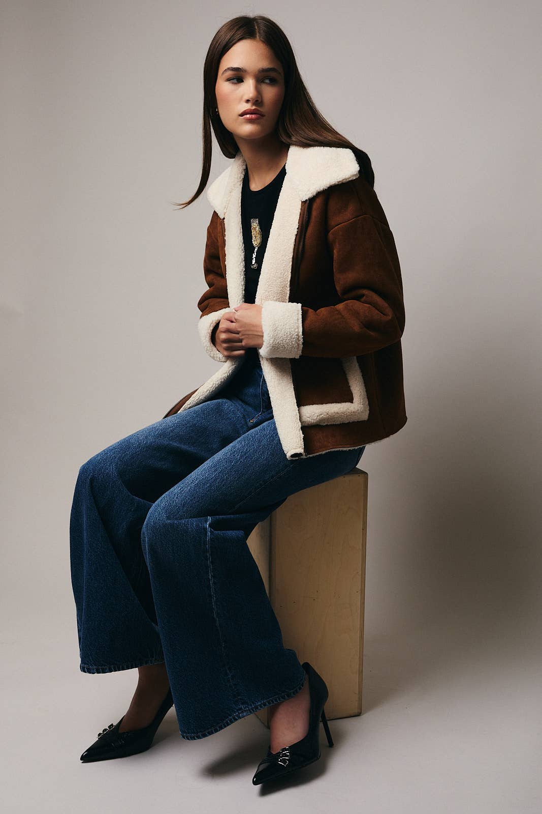 SUEDE JACKET w/FAUX SHEARING