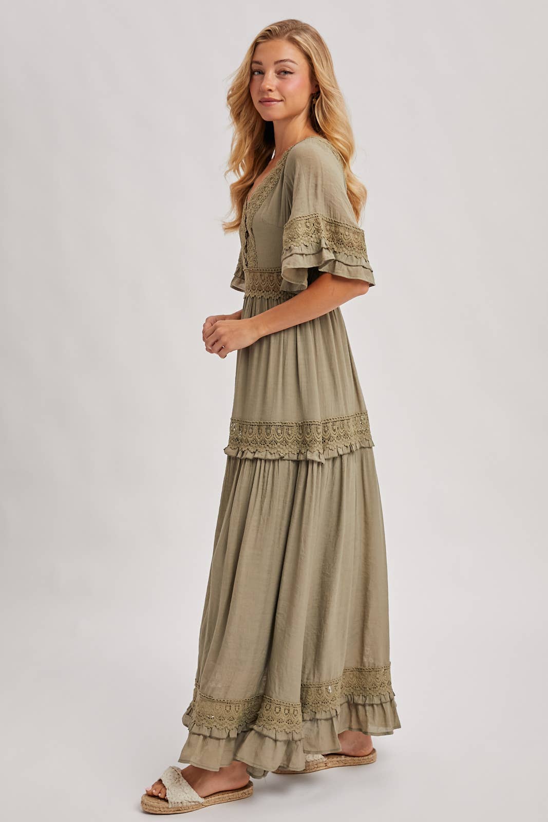 V-NECK LACE TRIM MAXI