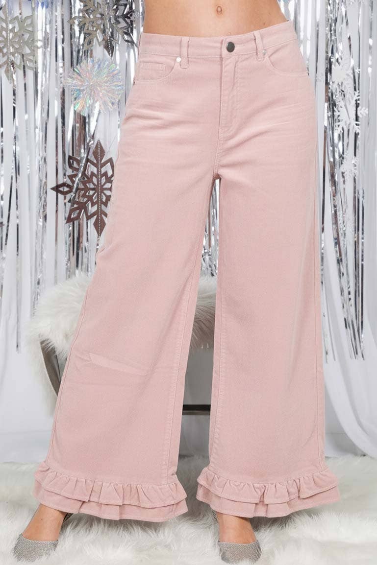 Corduroy Wide-Leg Ruffle Pants