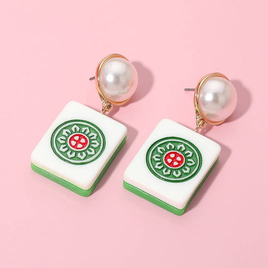 Pearl Mahjong Tile Earrings
