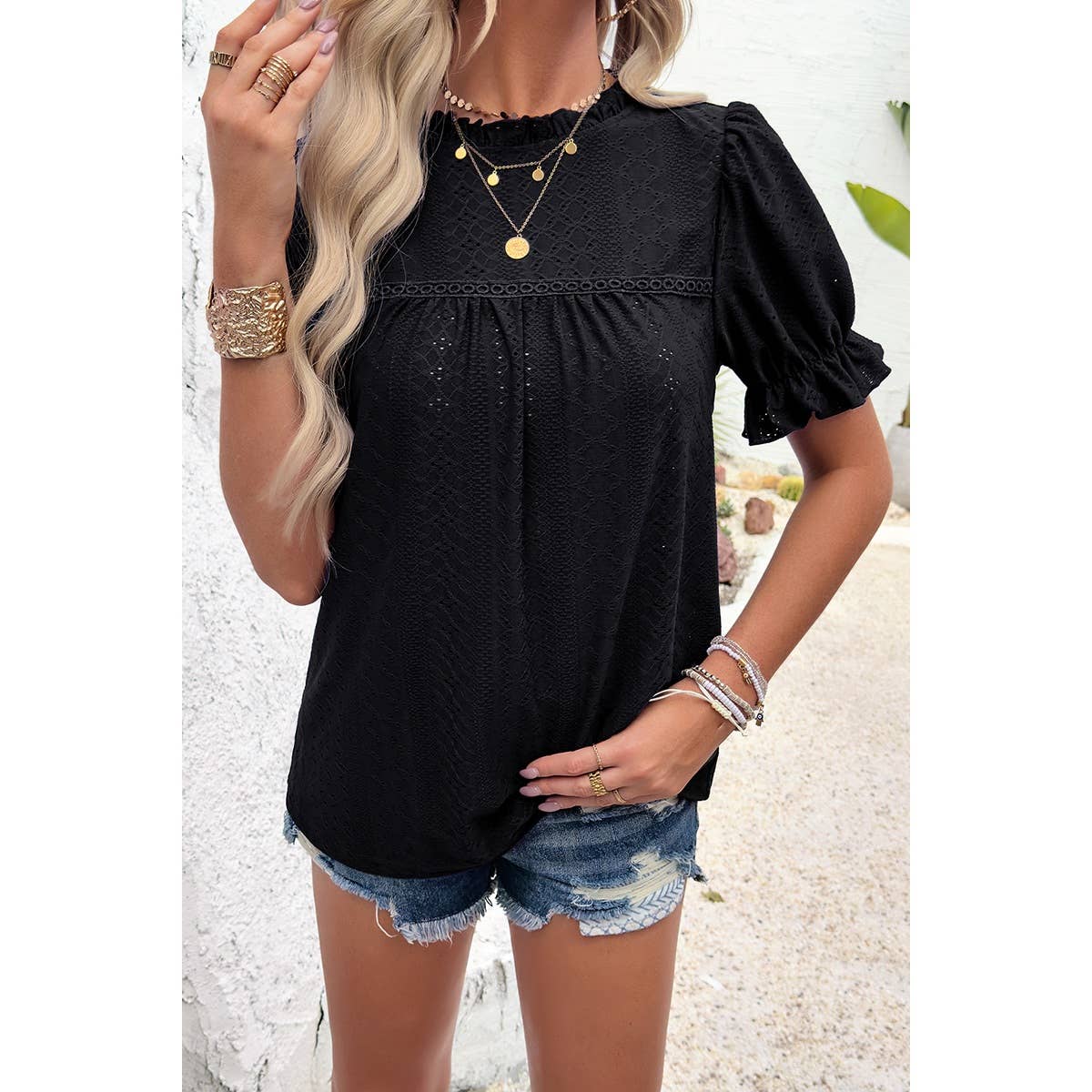 Lace Hollow Out Ruffle Loose Fit Blouse