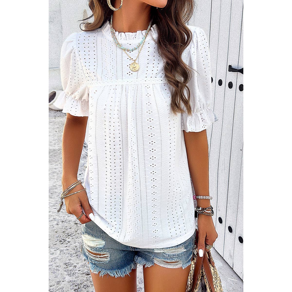 Lace Hollow Out Ruffle Loose Fit Blouse