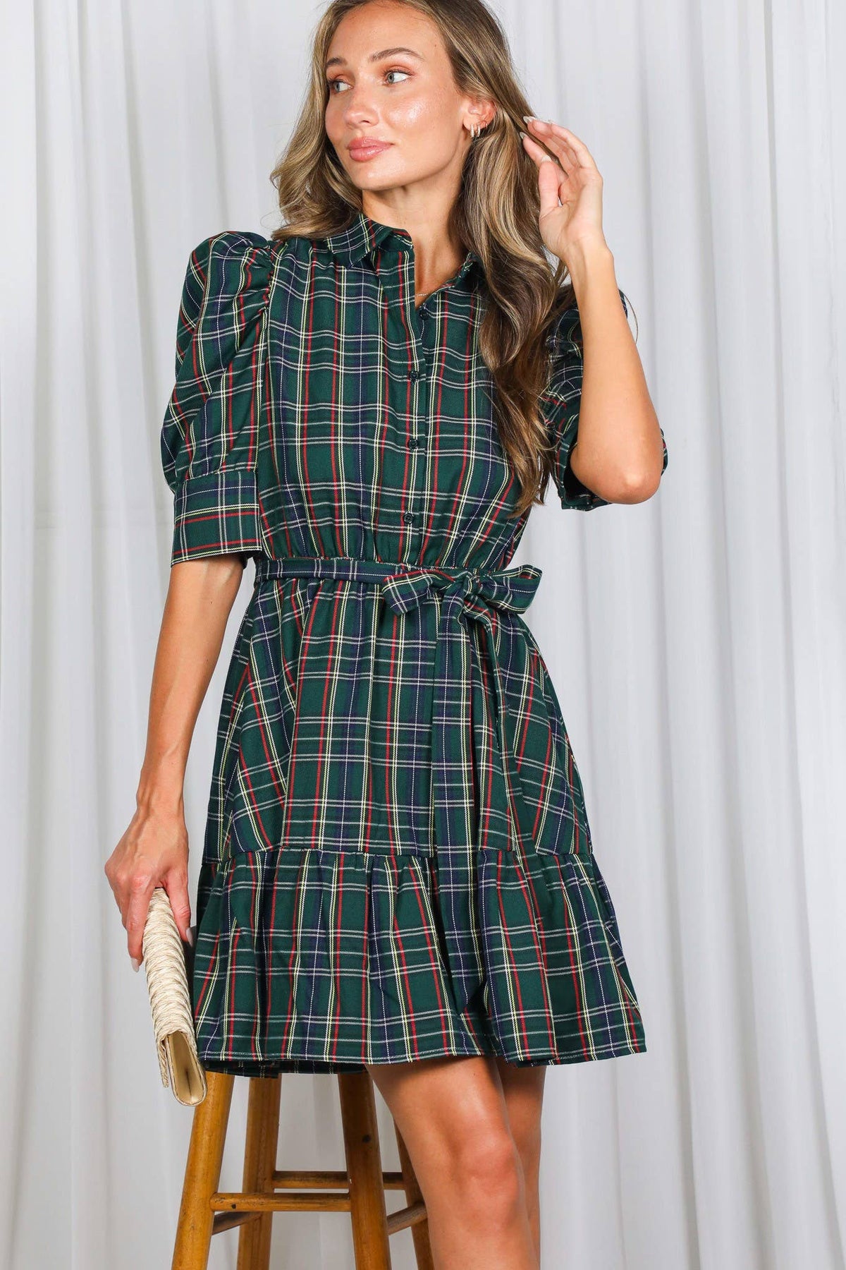 Plaid  Puff Sleeve Mini Dress