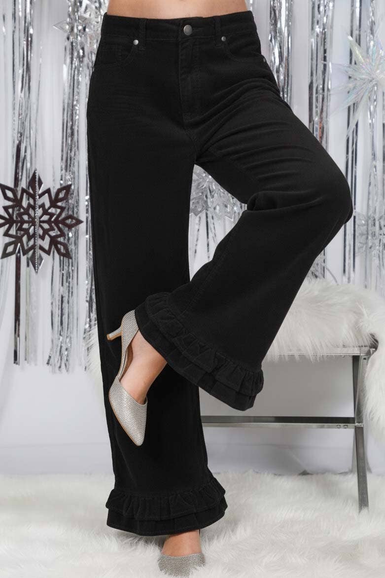 Corduroy Wide-Leg Ruffle Pants