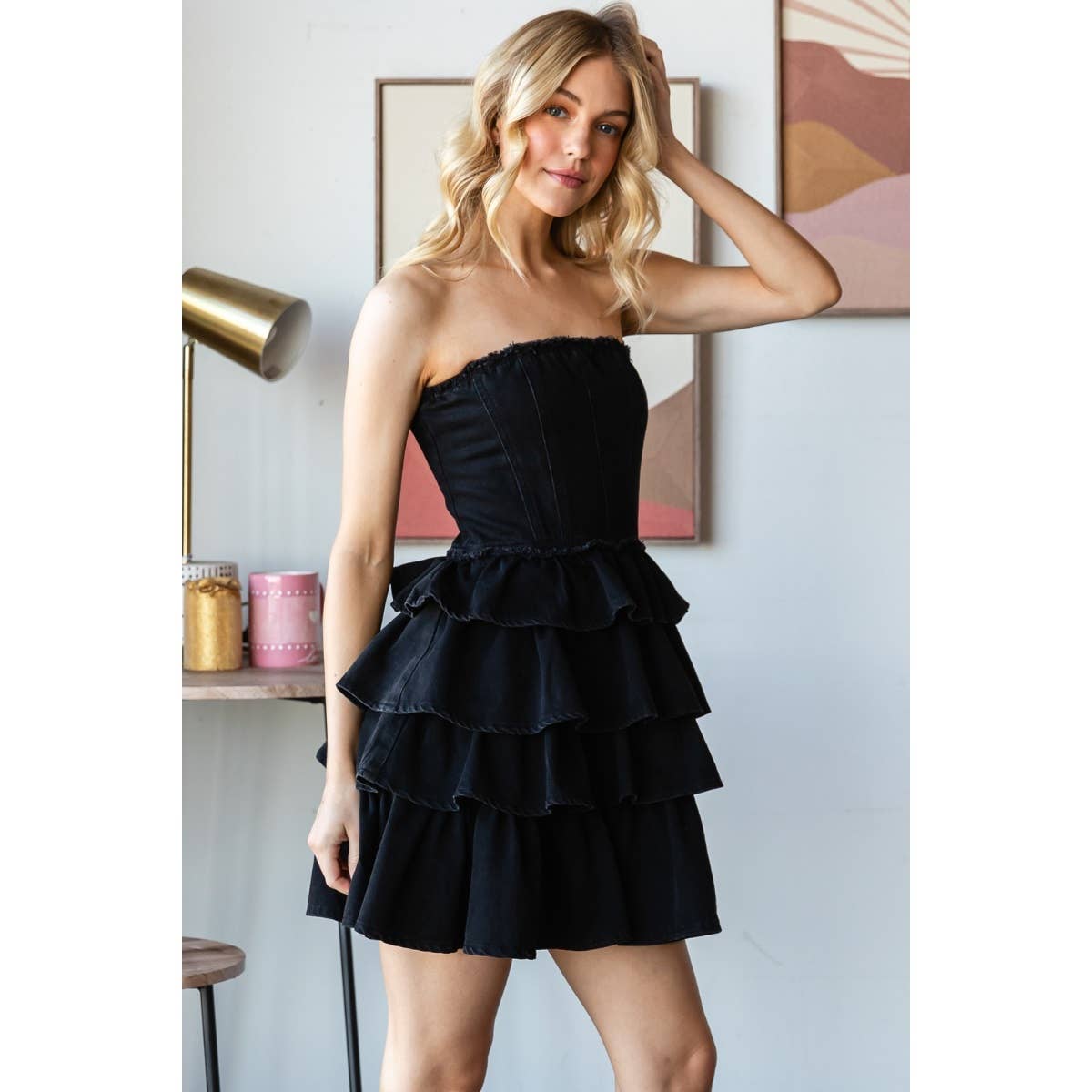 DENIM RUFFLED MINI DRESS