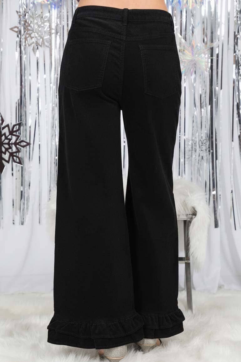 Corduroy Wide-Leg Ruffle Pants