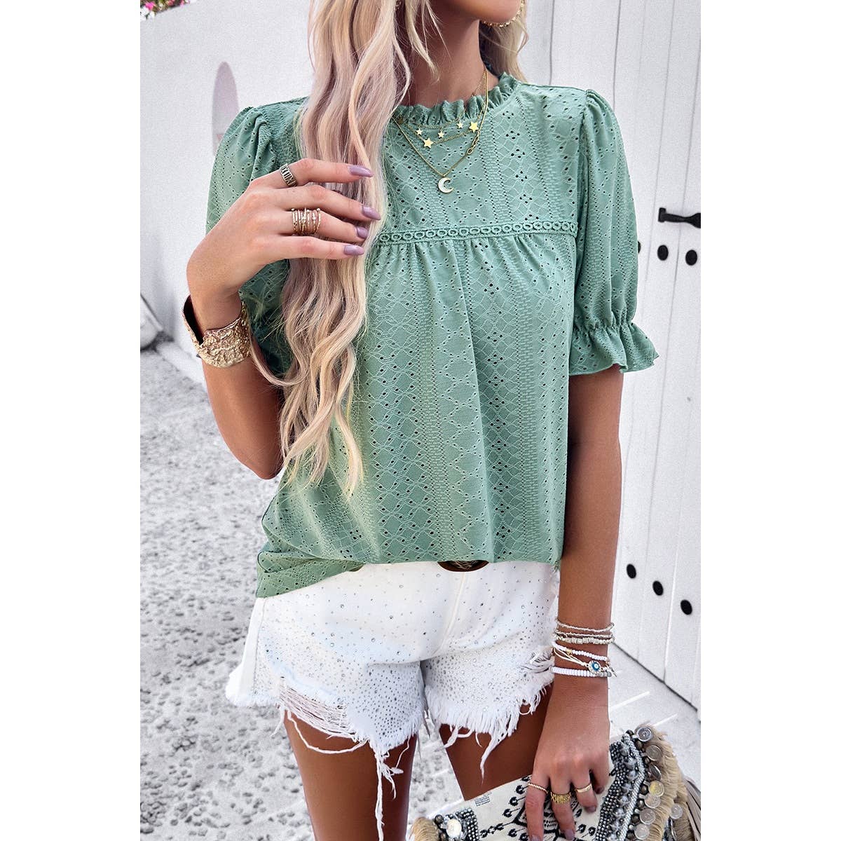 Lace Hollow Out Ruffle Loose Fit Blouse