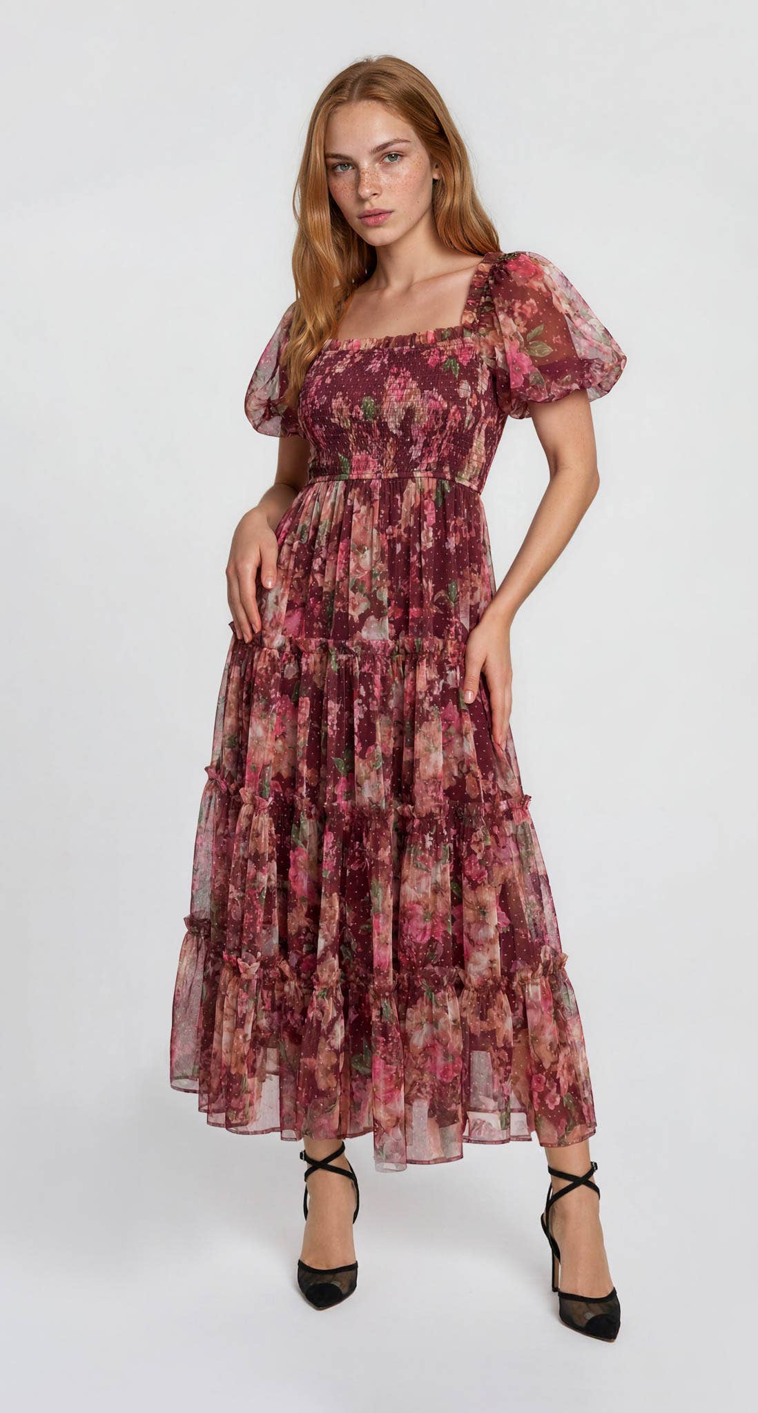 BURGUNDY FLORAL PUFF SLEEVE DRESS