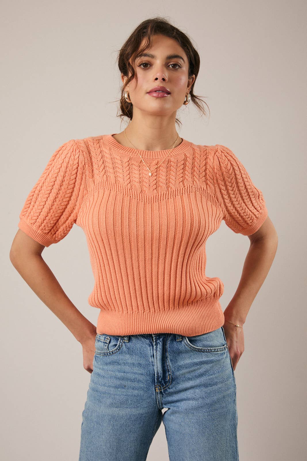 PUFF SLEEVE CABLE SWEATER