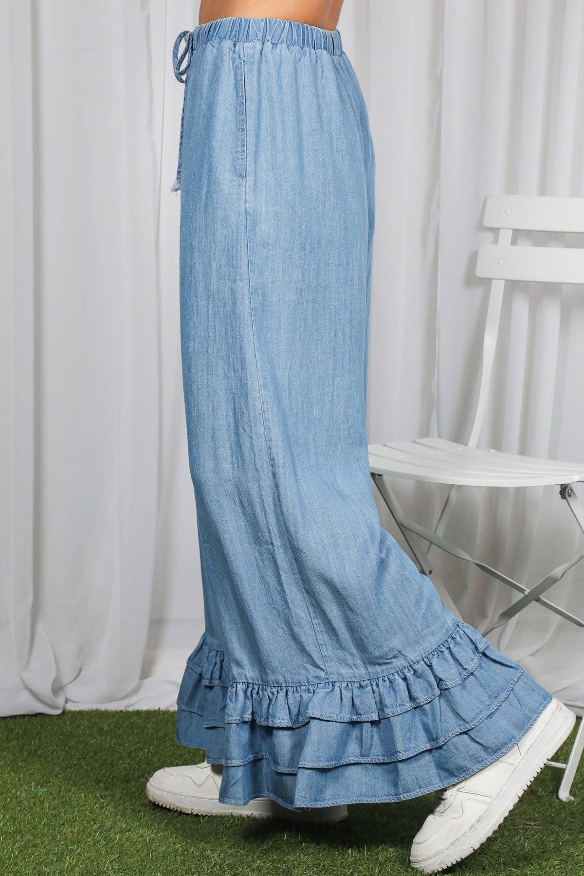 Ruffle Hem Chambray Pants