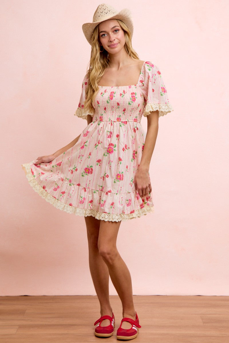 Floral Dress W/Eyelet Ruffle
