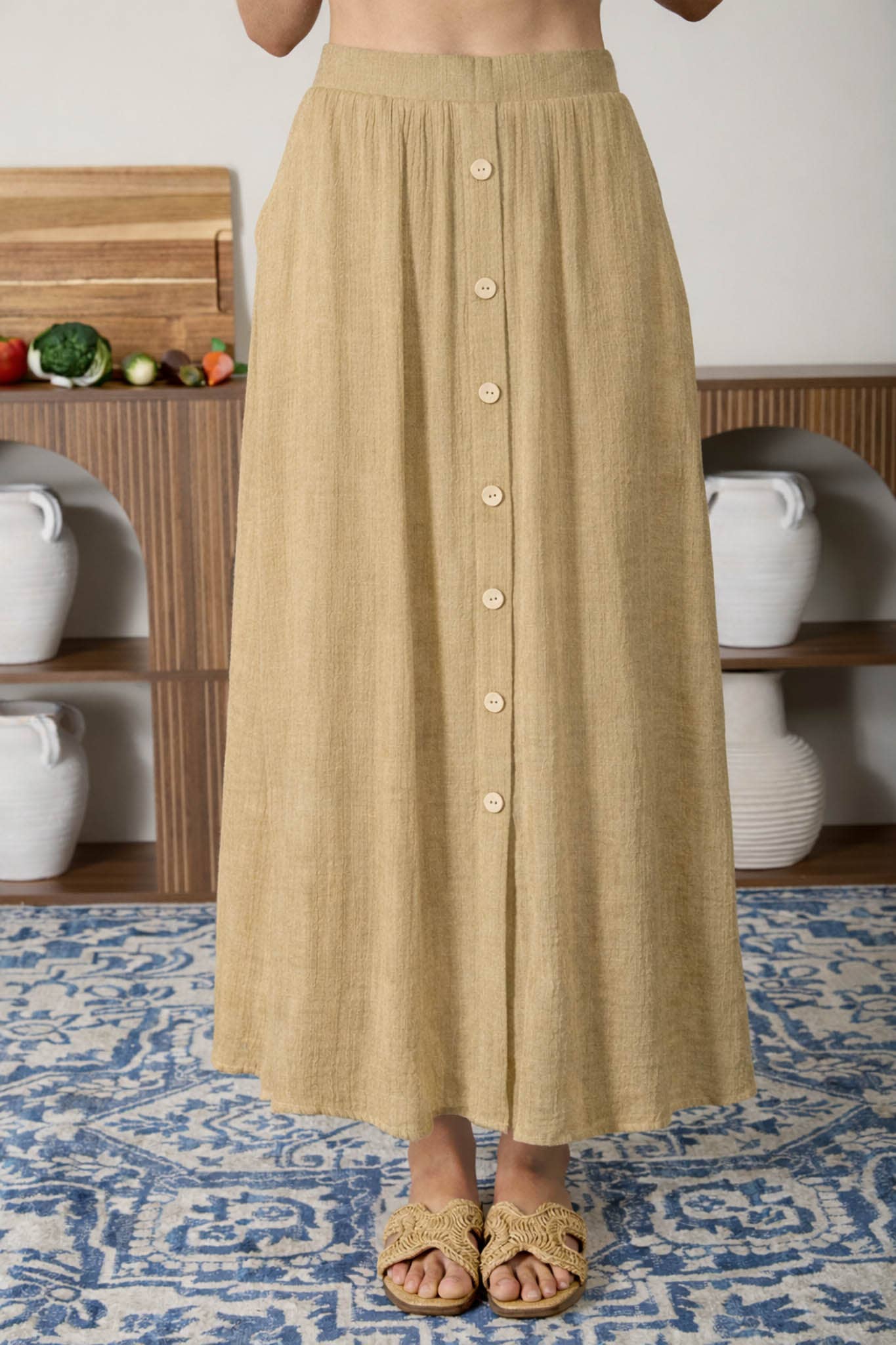 BUTTON DOWN MIDI SKIRT