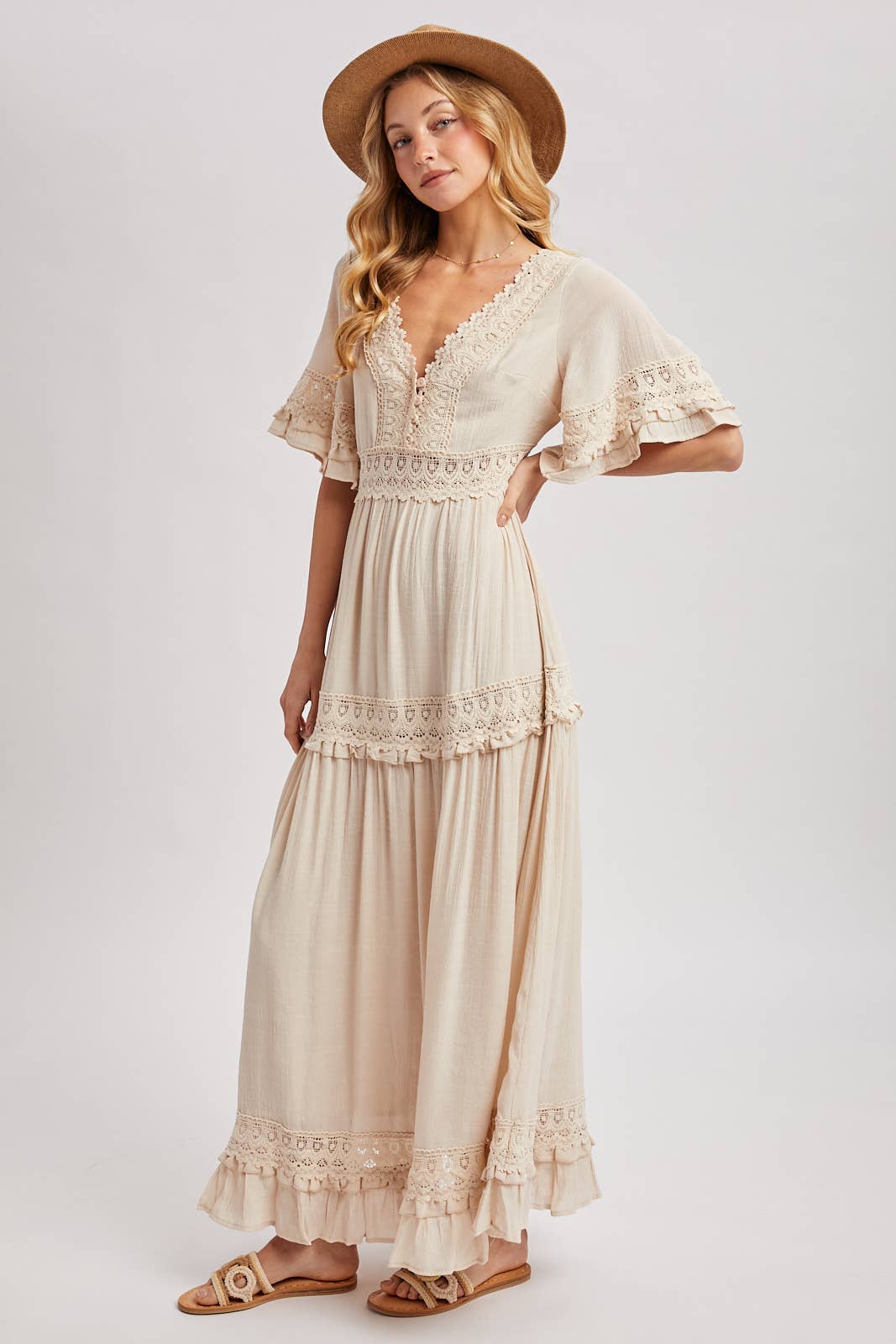 V-NECK LACE TRIM MAXI