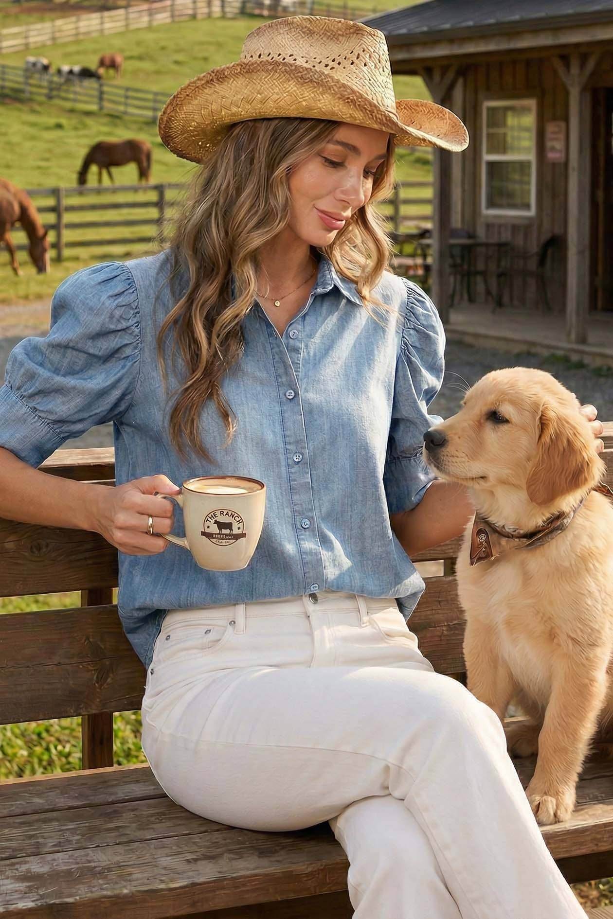 Puff-Sleeve Chambray Shirt