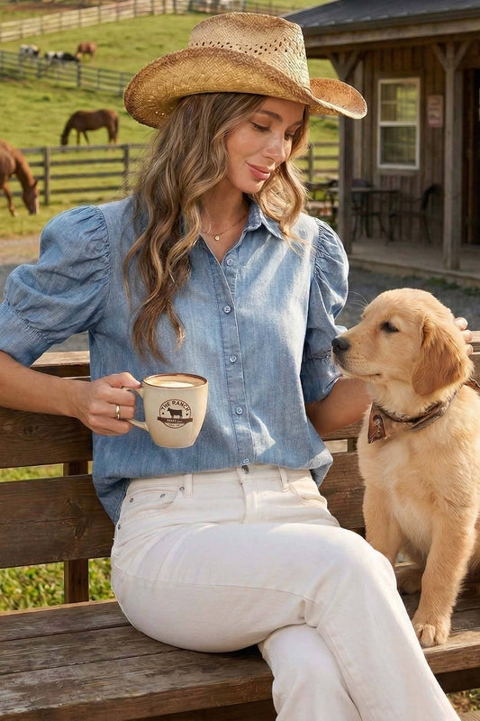 Puff-Sleeve Chambray Shirt