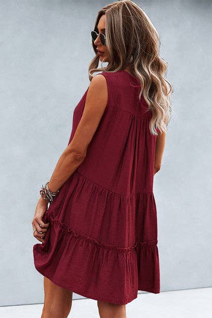 V Neck Solid Ruffle Sleeveless Dress