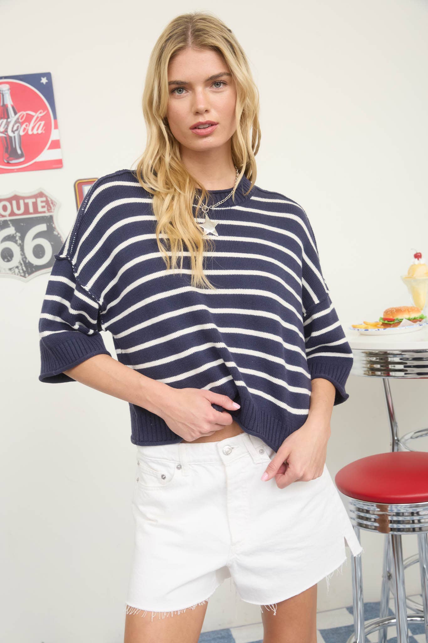 STRIPE SHORT SLEEVE SWEATER