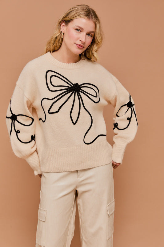 Long Sleeve Crew Neck Ribbon Sweater Top