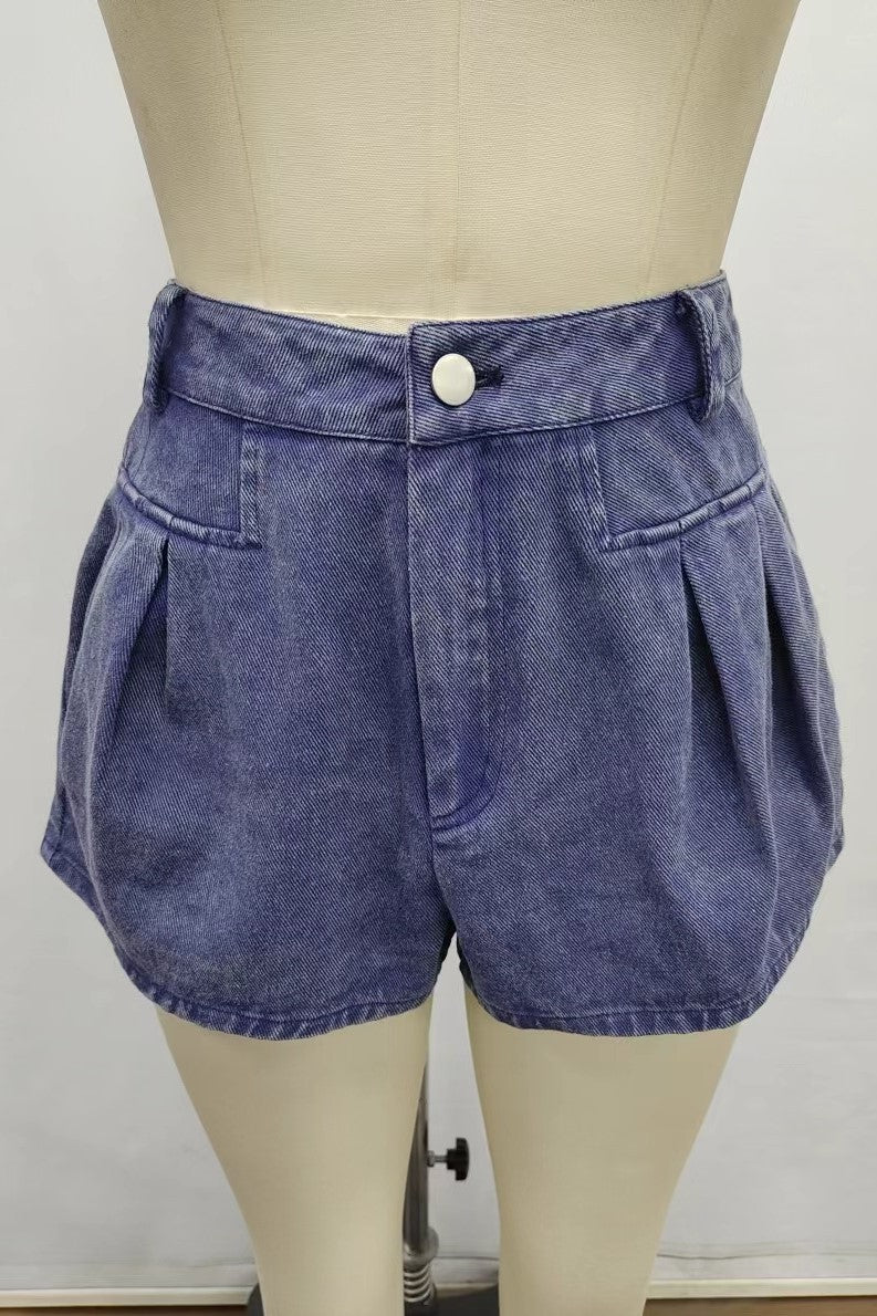 Double Pleat Denim Shorts