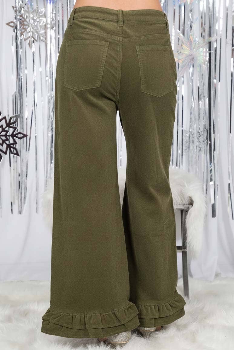 Corduroy Wide-Leg Ruffle Pants