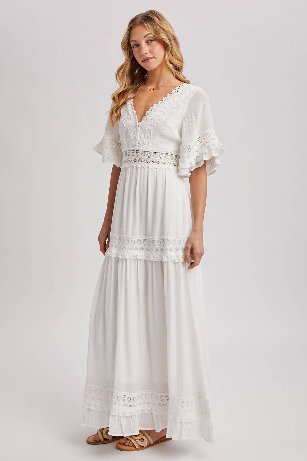 V-NECK LACE TRIM MAXI