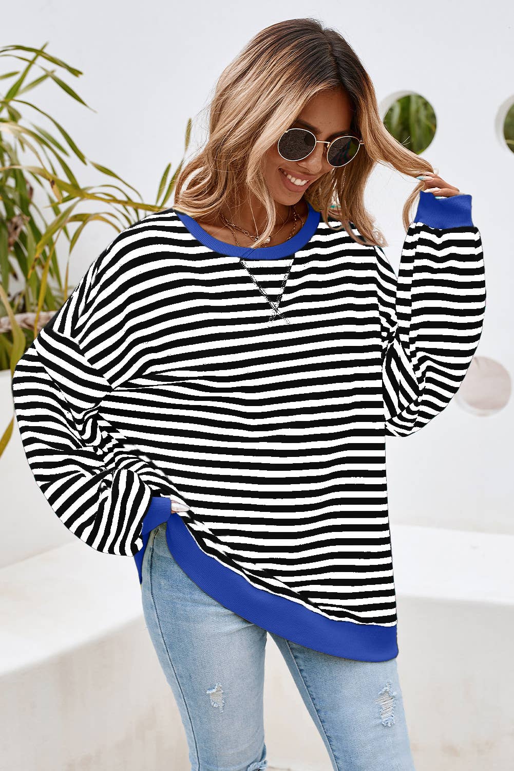 LDC Stripe Contrast Trim Oversized Pullover Sweatshirt