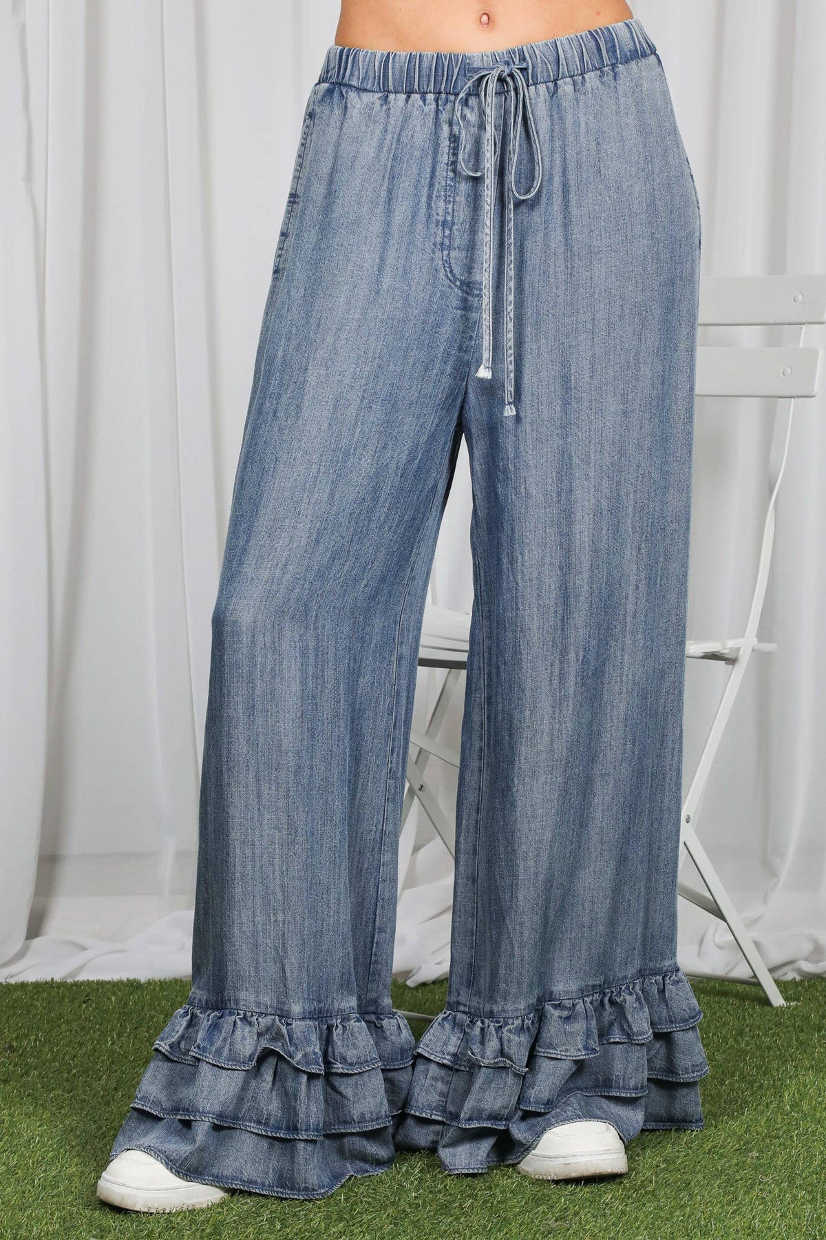 Ruffle Hem Chambray Pants
