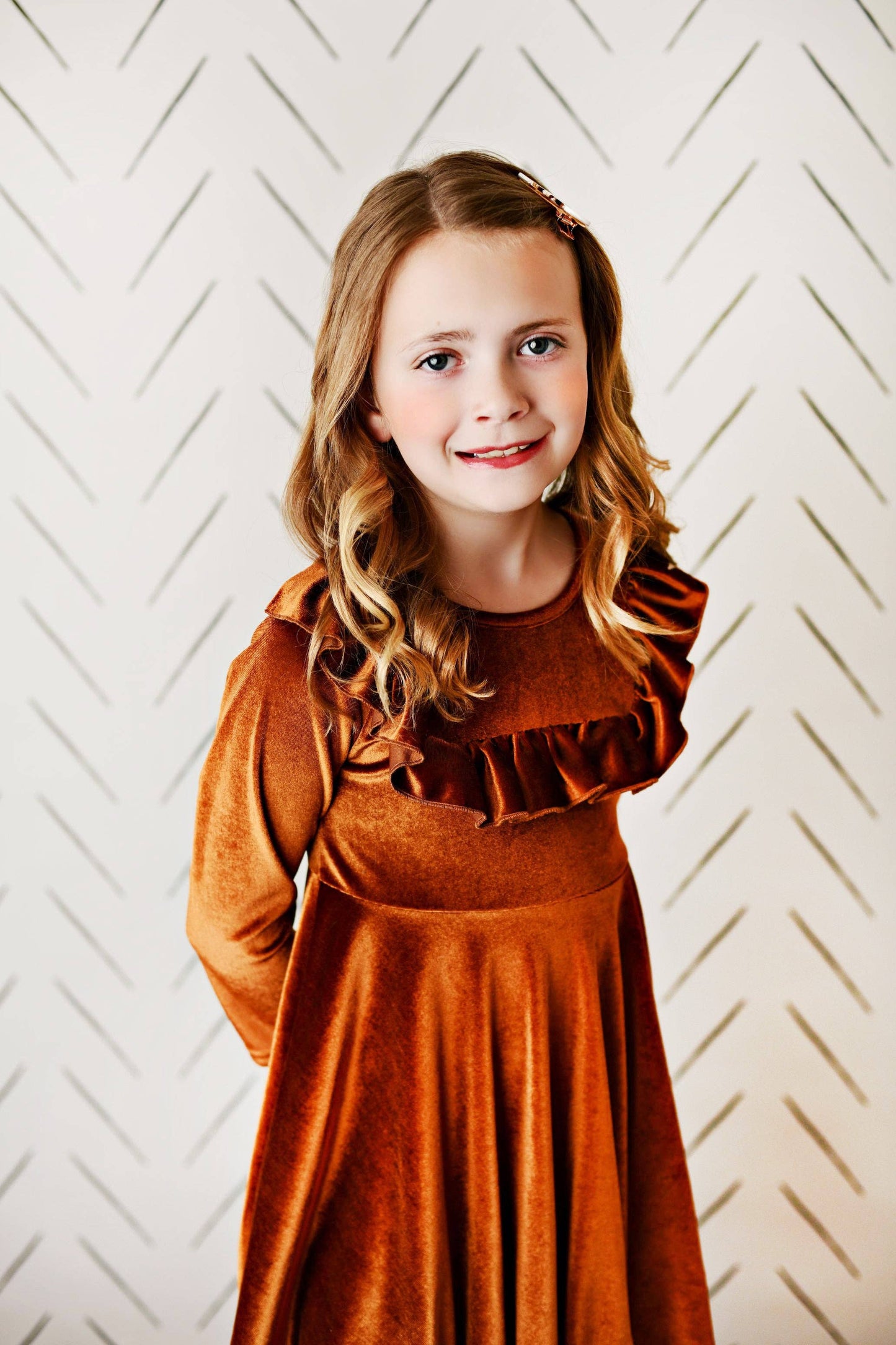 Kids Rust Velvet Ruffle Fancy Winter Christmas Holiday Dress