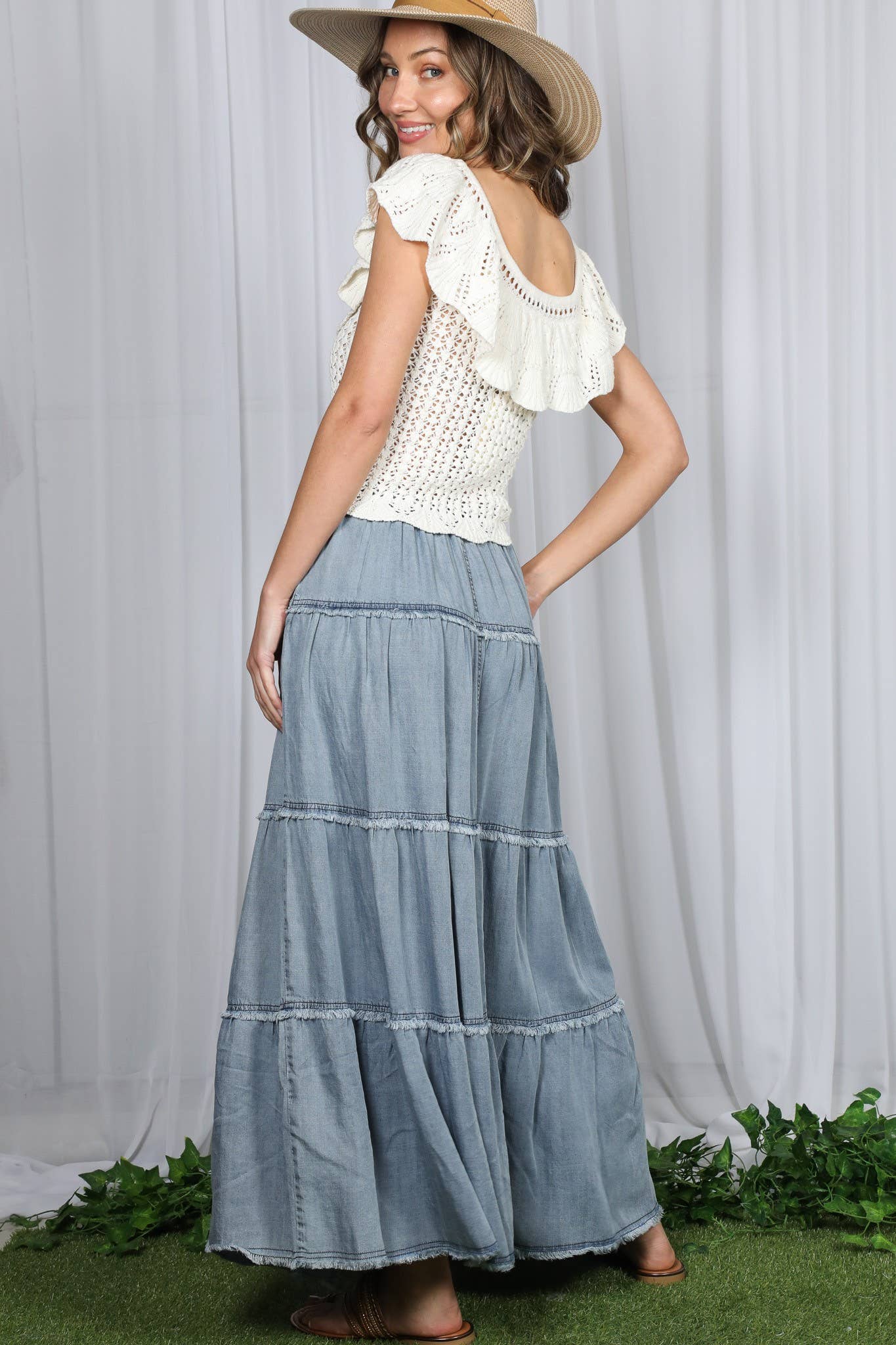 Tiered Denim Maxi Skirt
