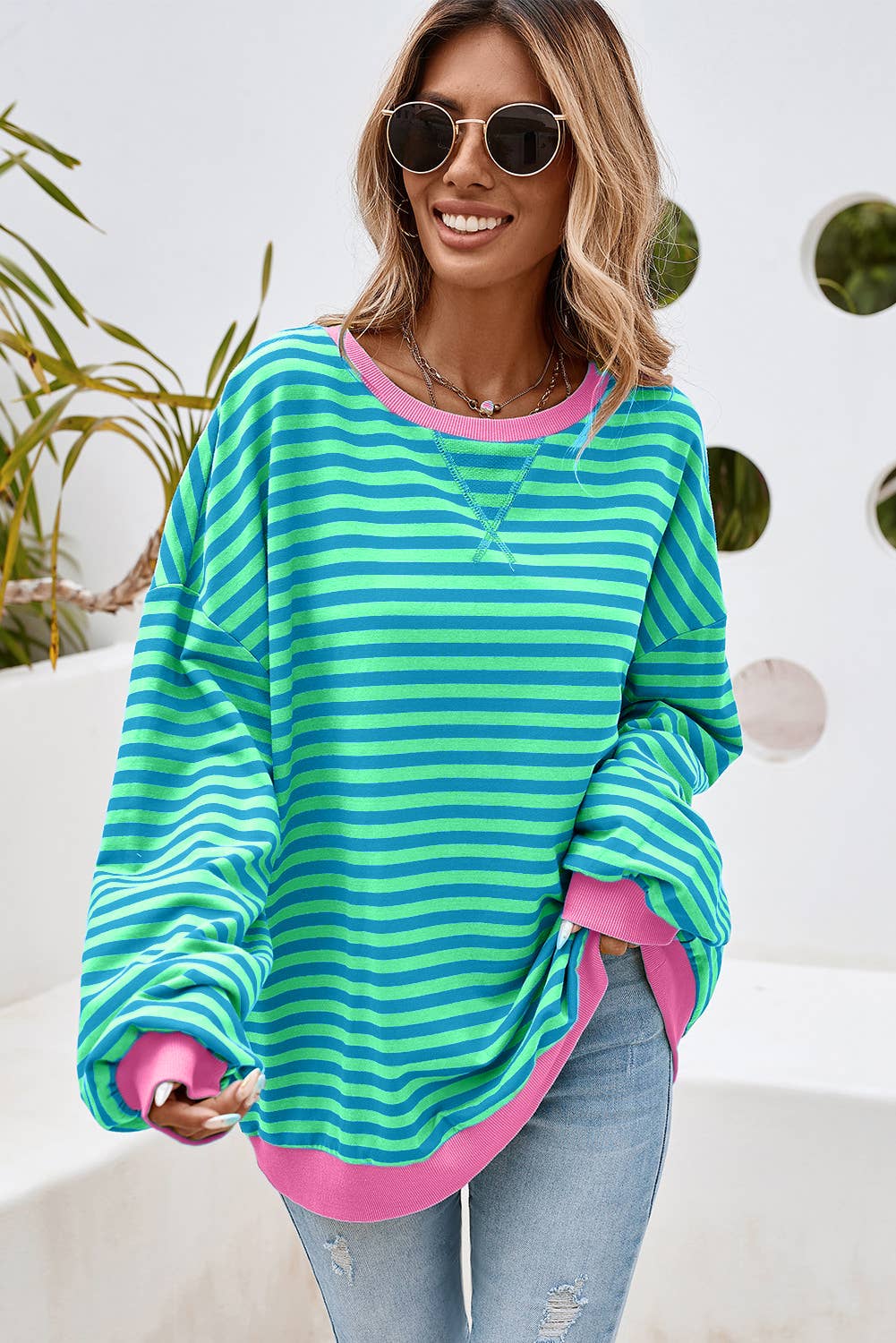 LDC Stripe Contrast Trim Oversized Pullover Sweatshirt