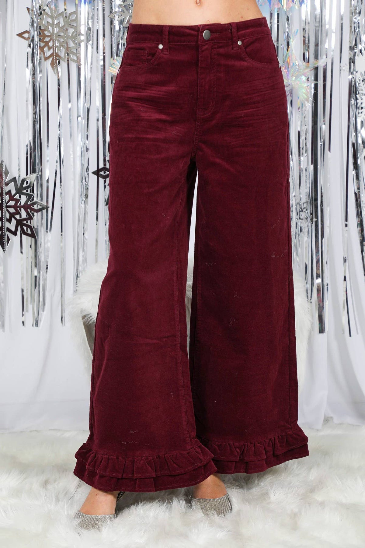 Corduroy Wide-Leg Ruffle Pants