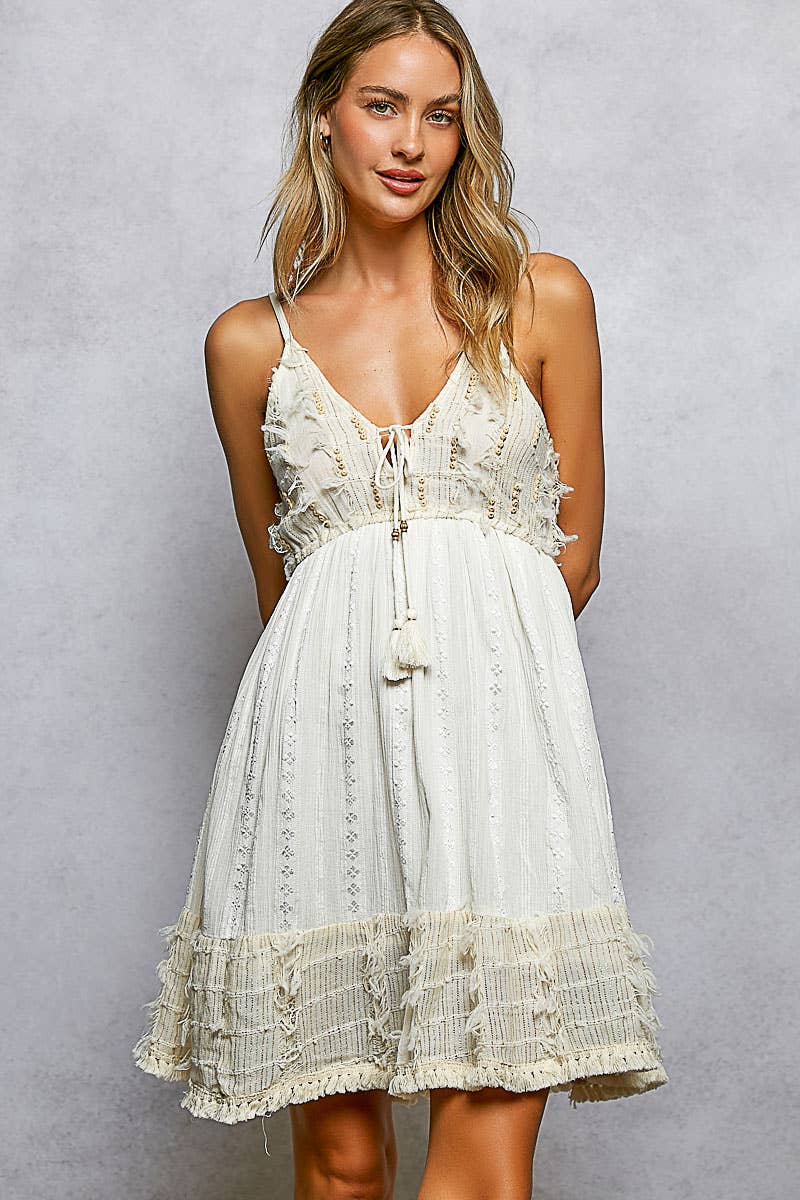V-Neck Tassel Trim Smocked Dress