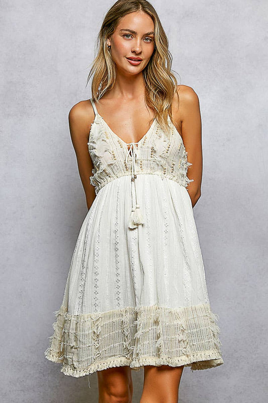 V-Neck Tassel Trim Smocked Dress