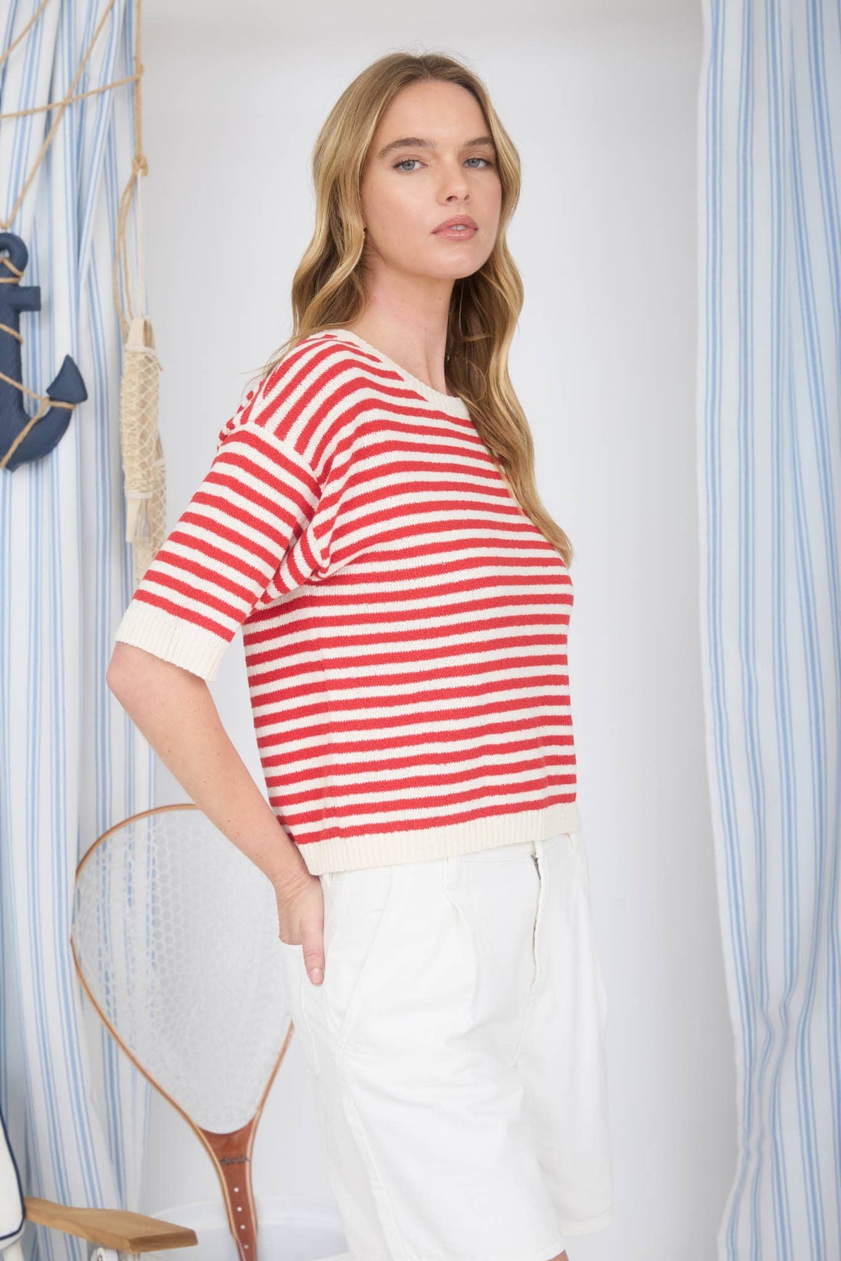 STRIPE SHORT SLEEVE SWEATER