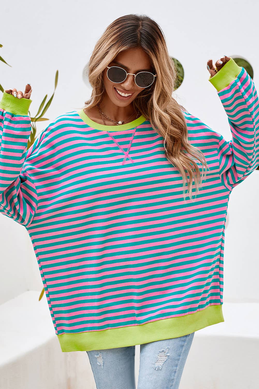 LDC Stripe Contrast Trim Oversized Pullover Sweatshirt