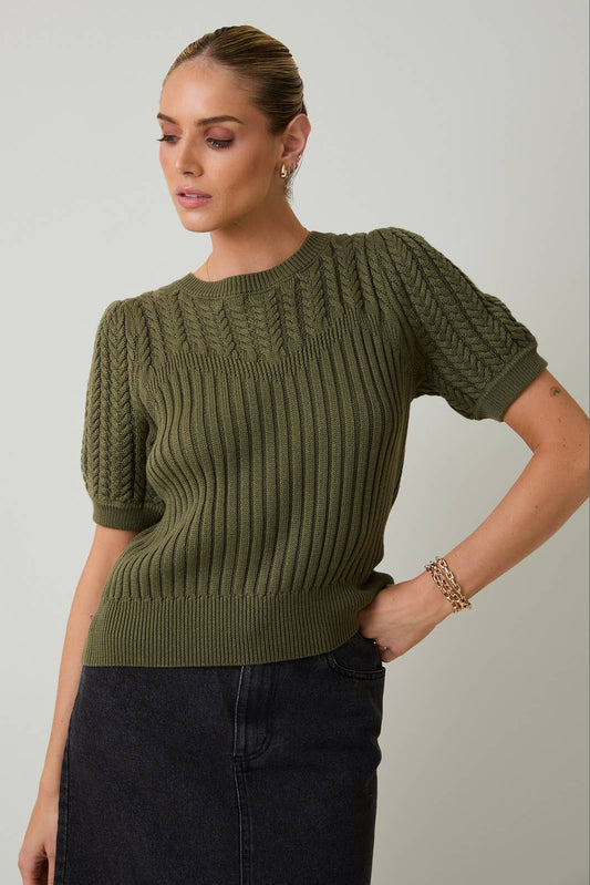 PUFF SLEEVE CABLE SWEATER