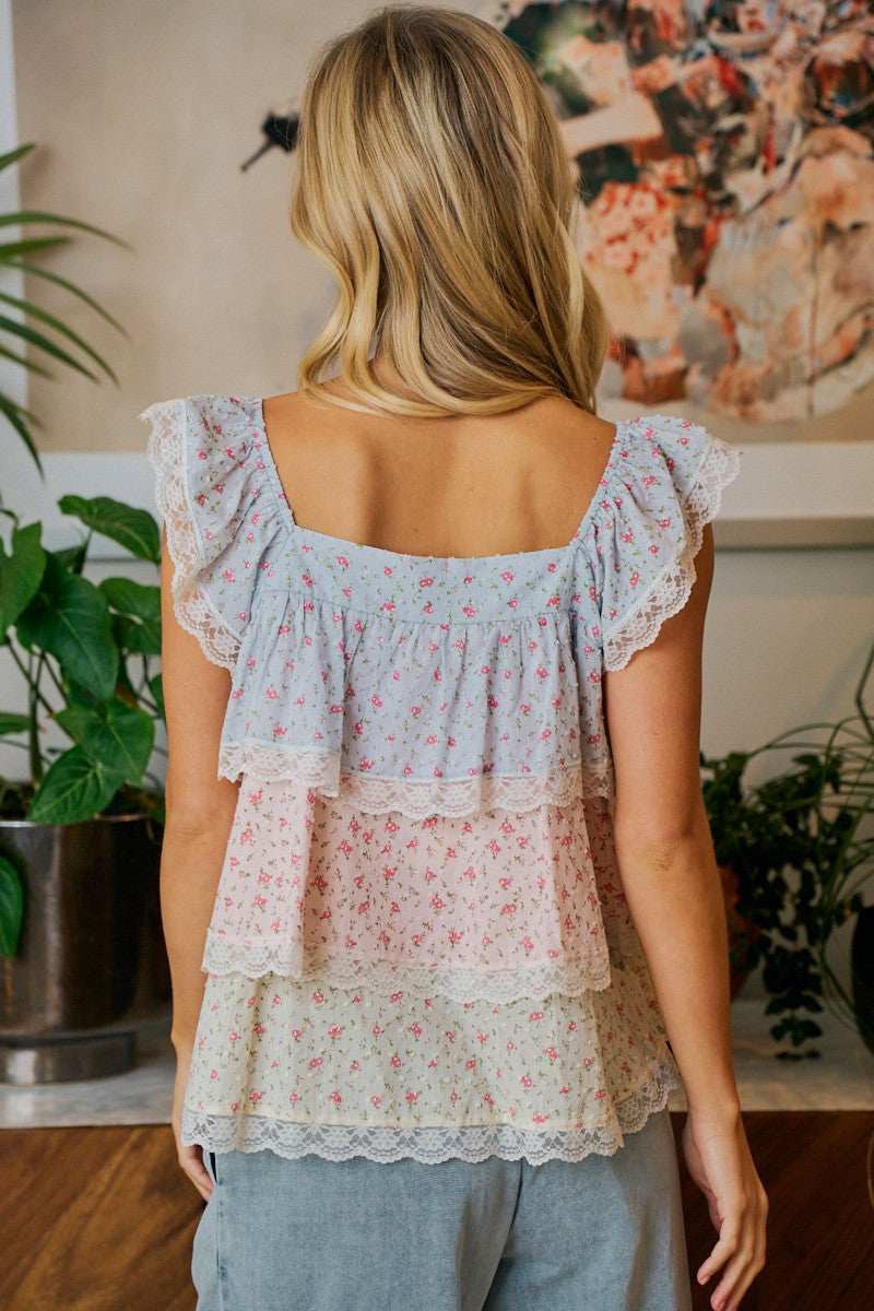 Floral Lace Trimmed Ruffled Top