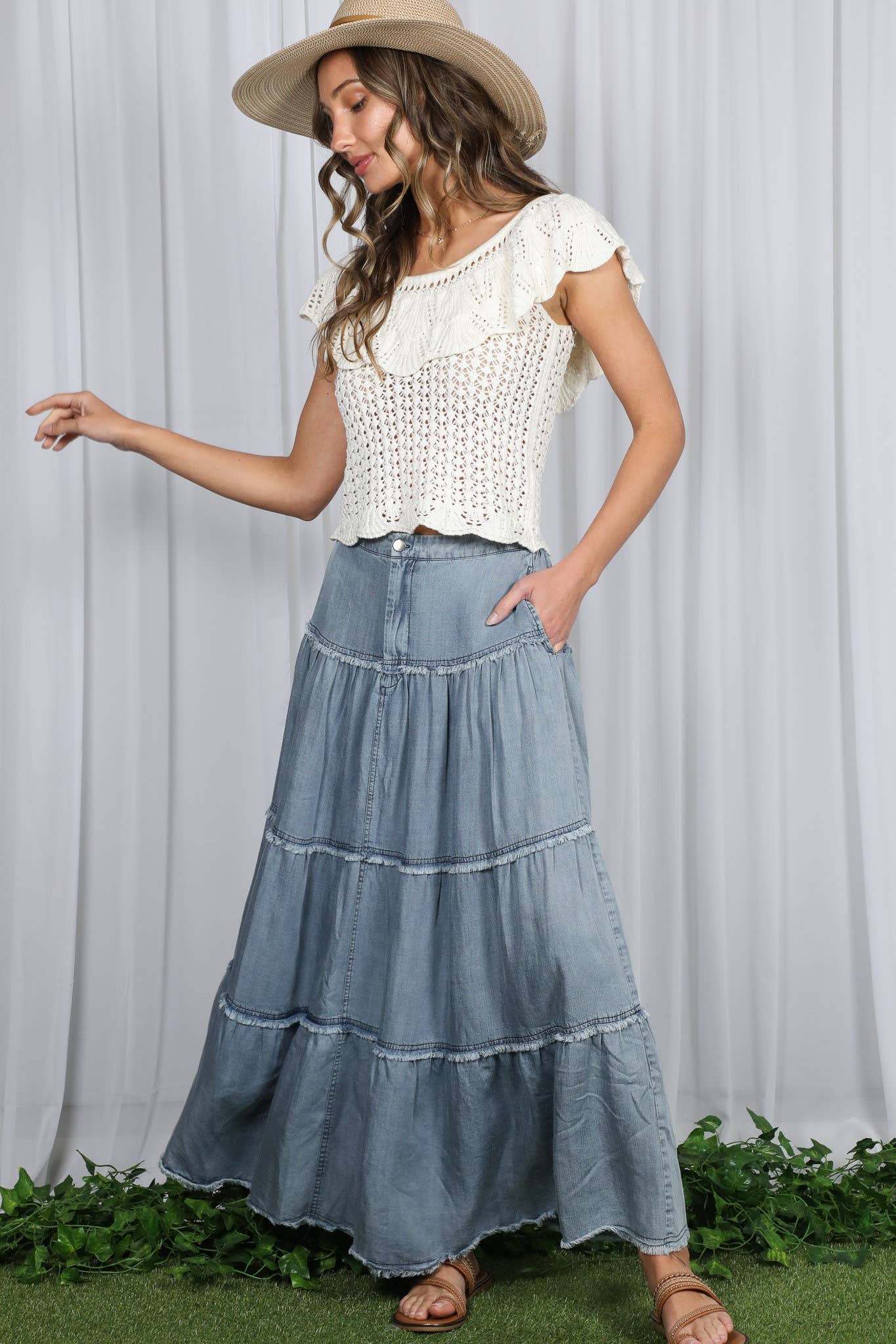 Tiered Denim Maxi Skirt